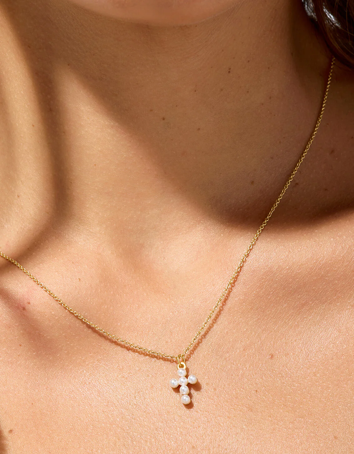 SLV Necklace 18" Faith/Pearl Cross Gold
