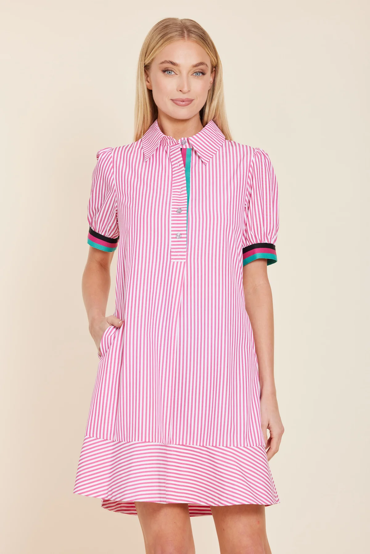 Poplin Dress with Knit Stripe Trim Pink Multi