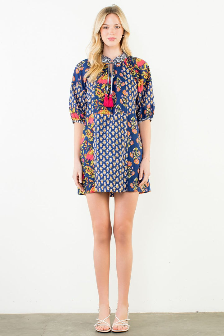 Printed Long Sleeve Tie Tassel Dress