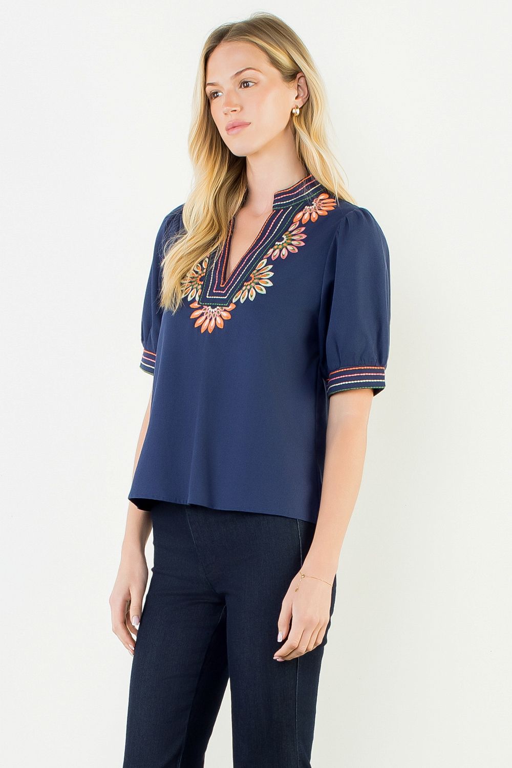 V Neck Floral Embroidered Top