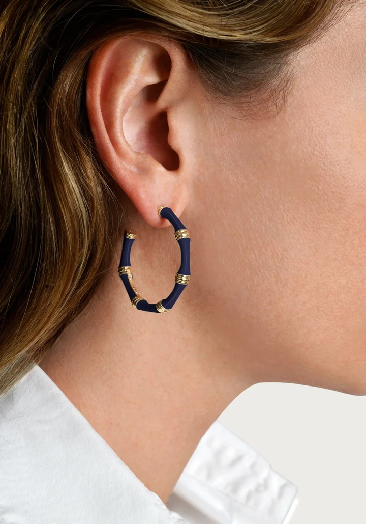 Anabel Aram Bamboo Enameled Hoop Earrings Atlantic Navy Blue