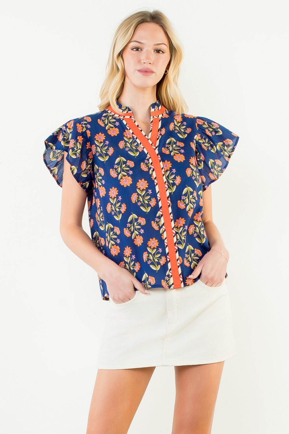 Flutter Sleeve Floral Detail Top Navy