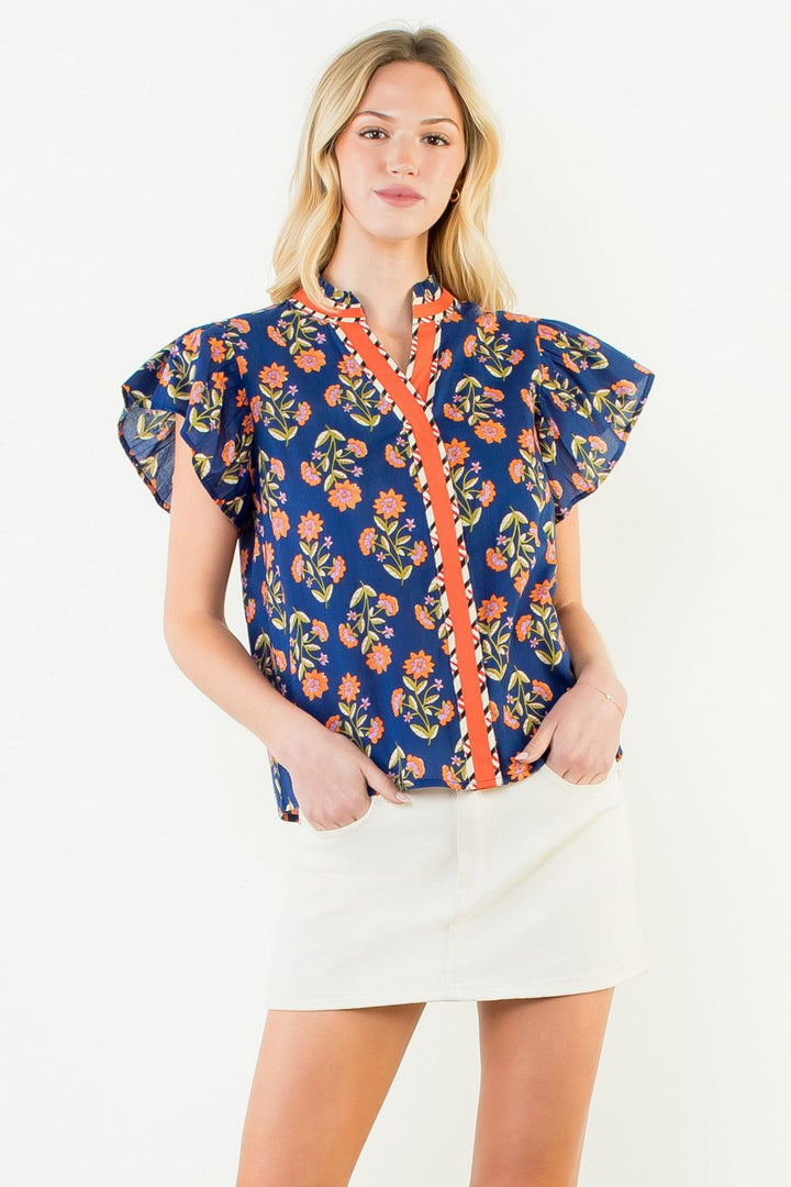 Flutter Sleeve Floral Detail Top Navy