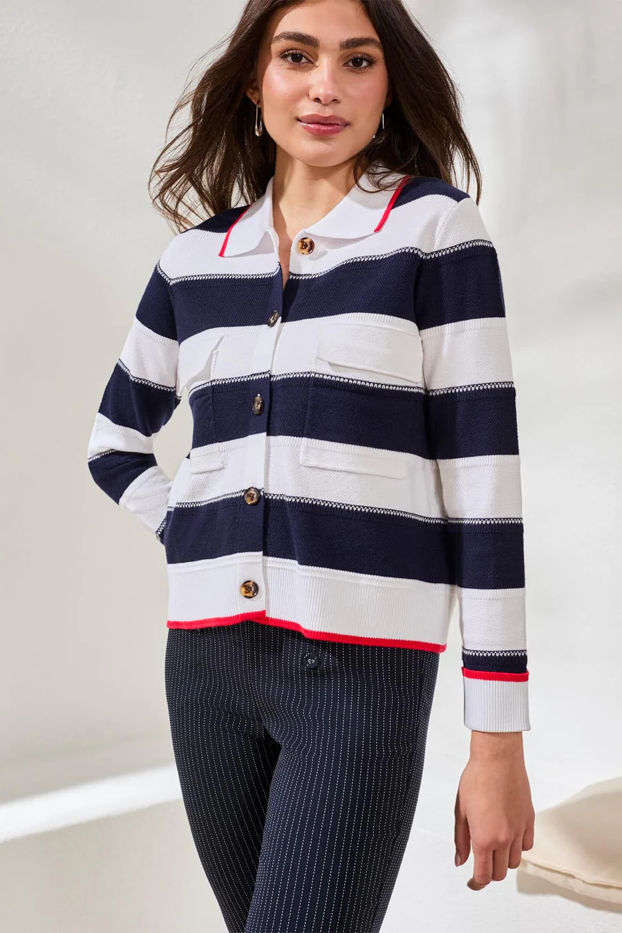 Double Knit Button-Front Stripe Cardigan Jet Blue