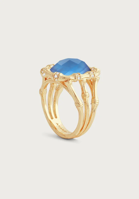 Anabel Aram Bamboo with Stone Ring Gemstones Iridescent Swiss Blue Size 8