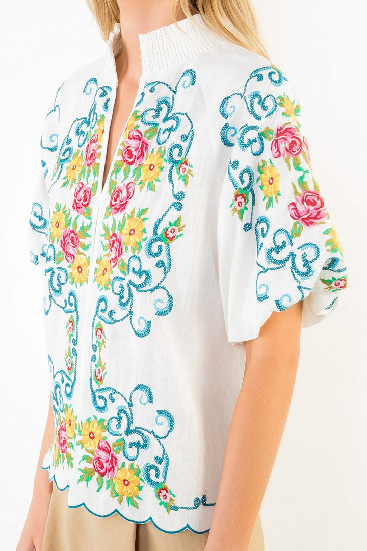 Floral Embossed Top w/Puffed Sleeve Smocked Collar White
