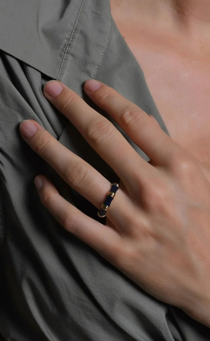 Anabel Aram Bamboo Enameled Ring Atlantic Navy Blue Size 8