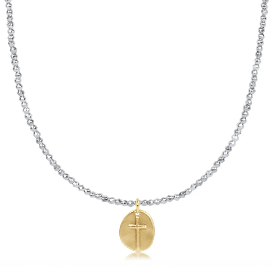 Faceted Hematite 2mm Bead Bracelet Signature Cross Gold Charm