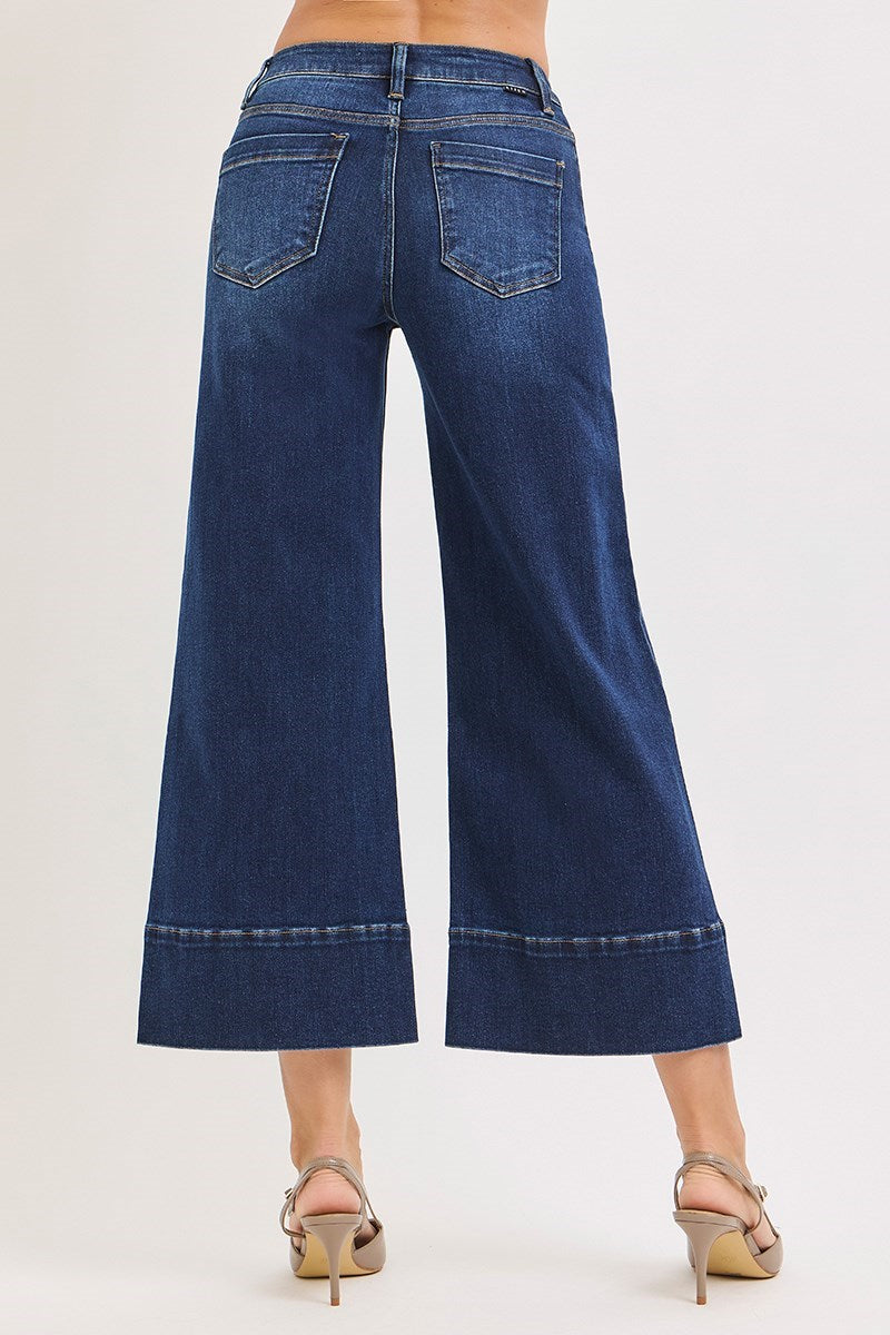 Tummy Control Mid Rise Crop Wide Pintuck Front Jeans