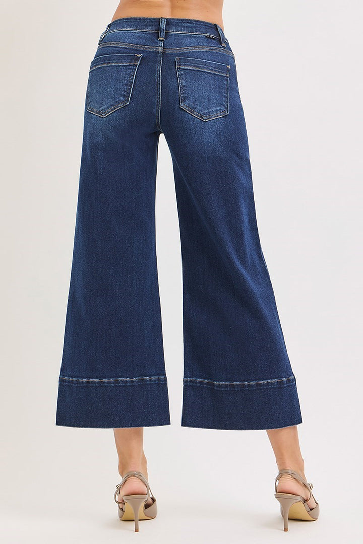 Tummy Control Mid Rise Crop Wide Pintuck Front Jeans