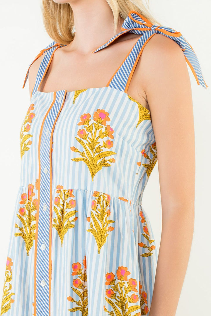 Tie Straps Striped Floral Pattern Button Down Dress Blue