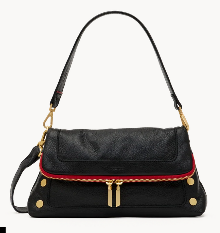 Beverly Medium Black  Fold Over Bag  Red Zip w/Gold Rivets