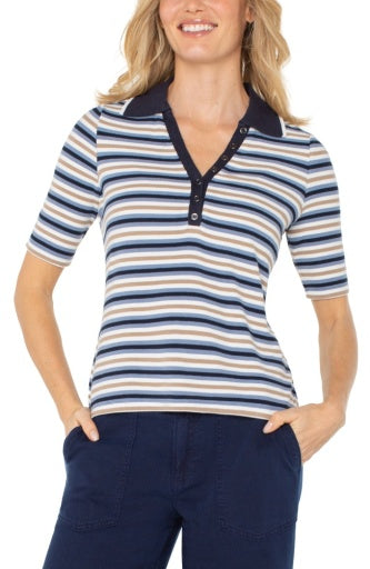 Shirred Half  Sleeve Collared Henley Knit Top