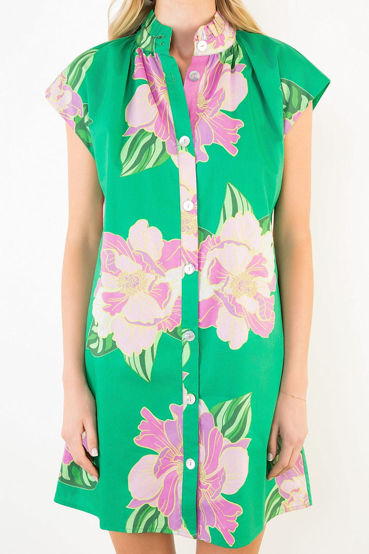 Cap sleeve Green Floral Print Button Up Dress