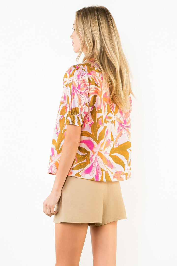 Green/Pink Floral Ruffled Sleeve V Neck Top
