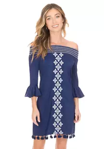 Navy Smocked Off the Shoulder Dress