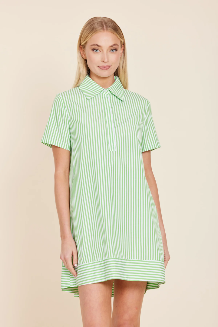 Striped Poplin Shift Dress with Pockets Green/White