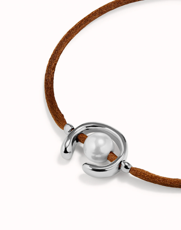Ser Diferente Brown Cord Silver w/Pearl Bracelet