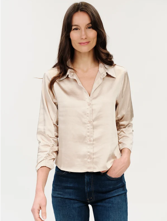 Dessi Satin Button Down Top with Ruched Sleeve