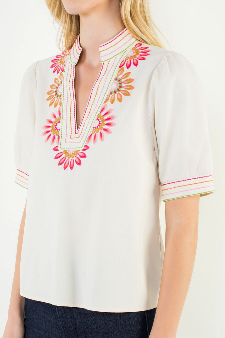 V Neck Floral Embroidered Top
