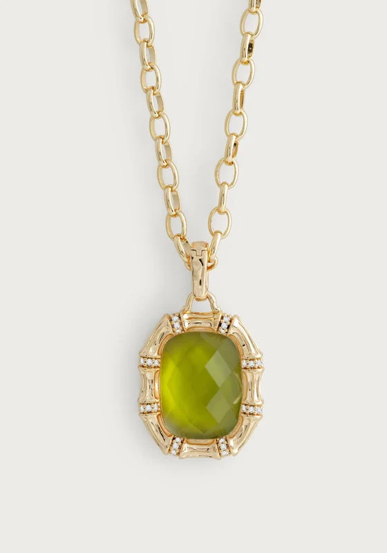 Bamboo with Stone Pendant Necklace - Gemstones Iridescent Peridot