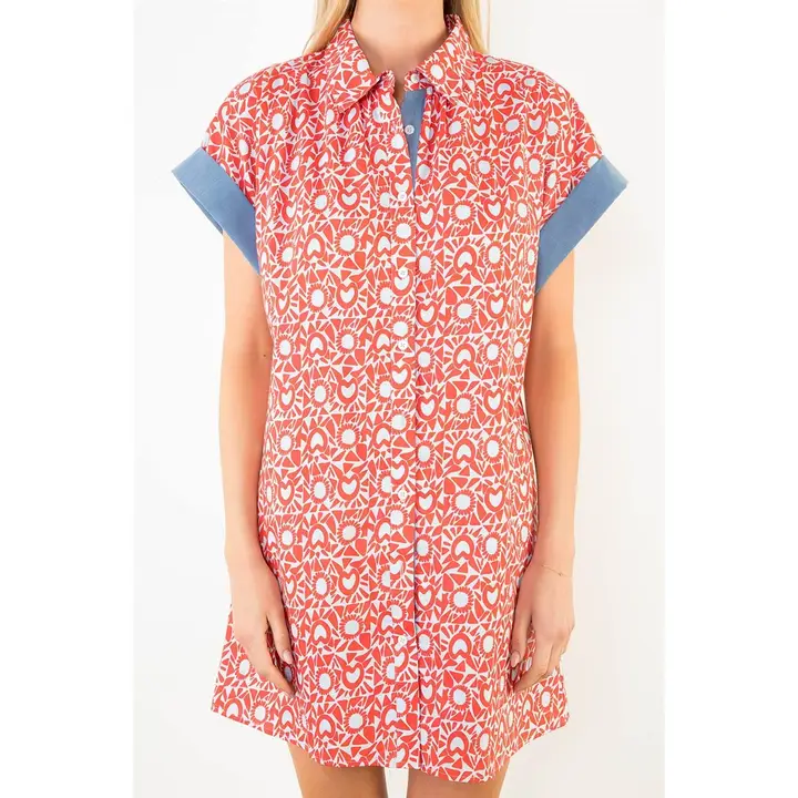 Short Sleeve Pattern Button Down Dress Blue and Red