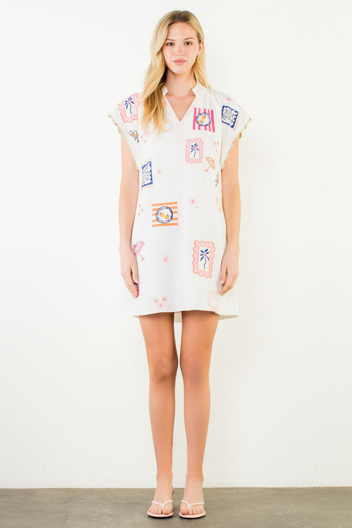 Short Sleeve Beach Themed Embroidery Detail Dress White