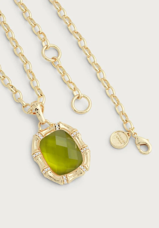 Bamboo with Stone Pendant Necklace - Gemstones Iridescent Peridot