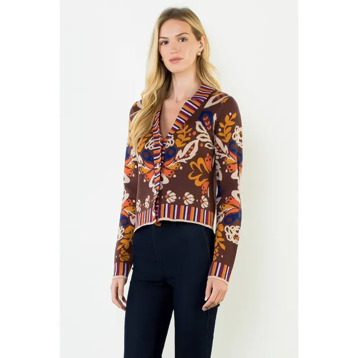 Floral V-Neck Brown Cardigan With Gold Buttons