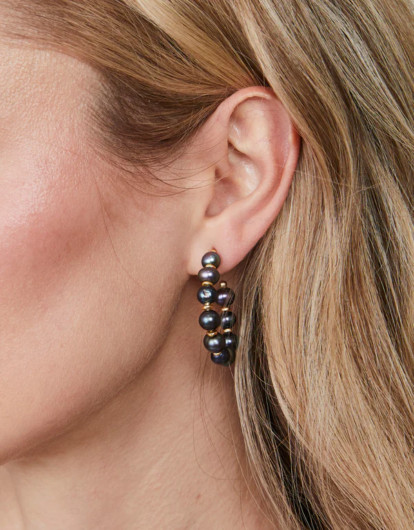 Annabelle Beaded Hoop Earrings Grey Pearl