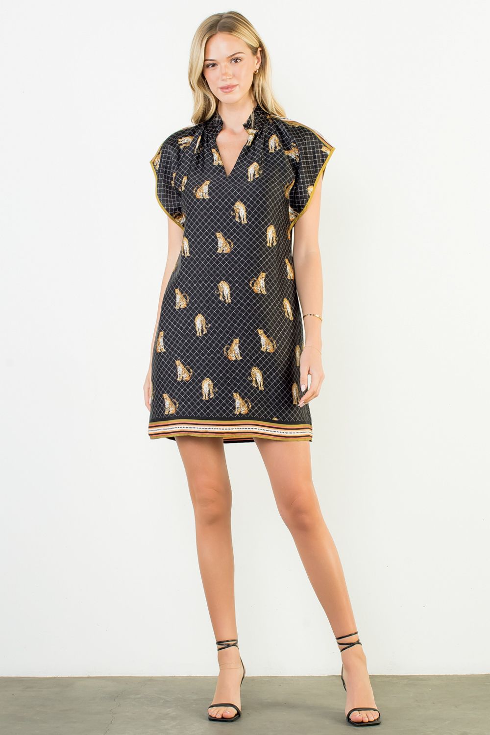 Puff Sleeve Leopard Print V-neck Dress