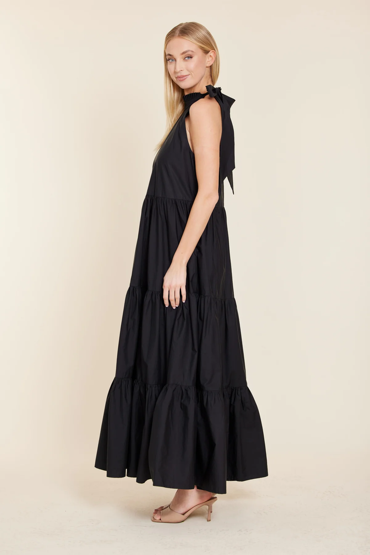 Poplin Tie Neck Tiered Long Dress