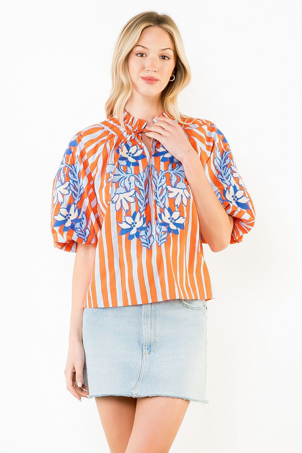 Puff Sleeve Embroidery Detail Striped Top Orange