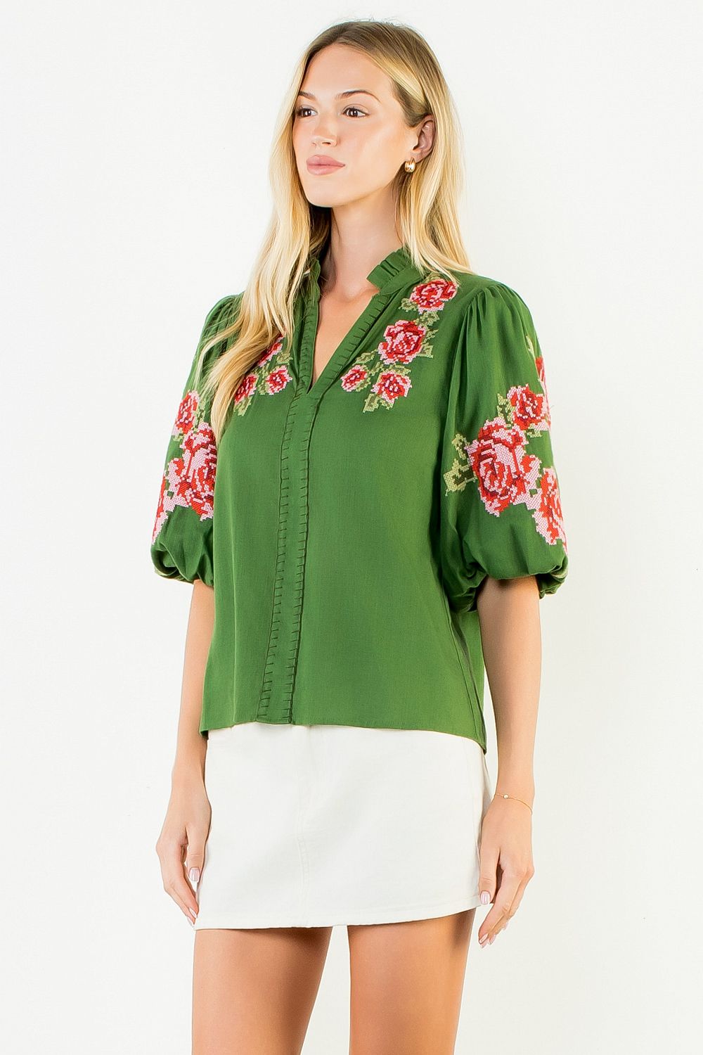 Green with Floral Embroidery Puff Sleeve Top