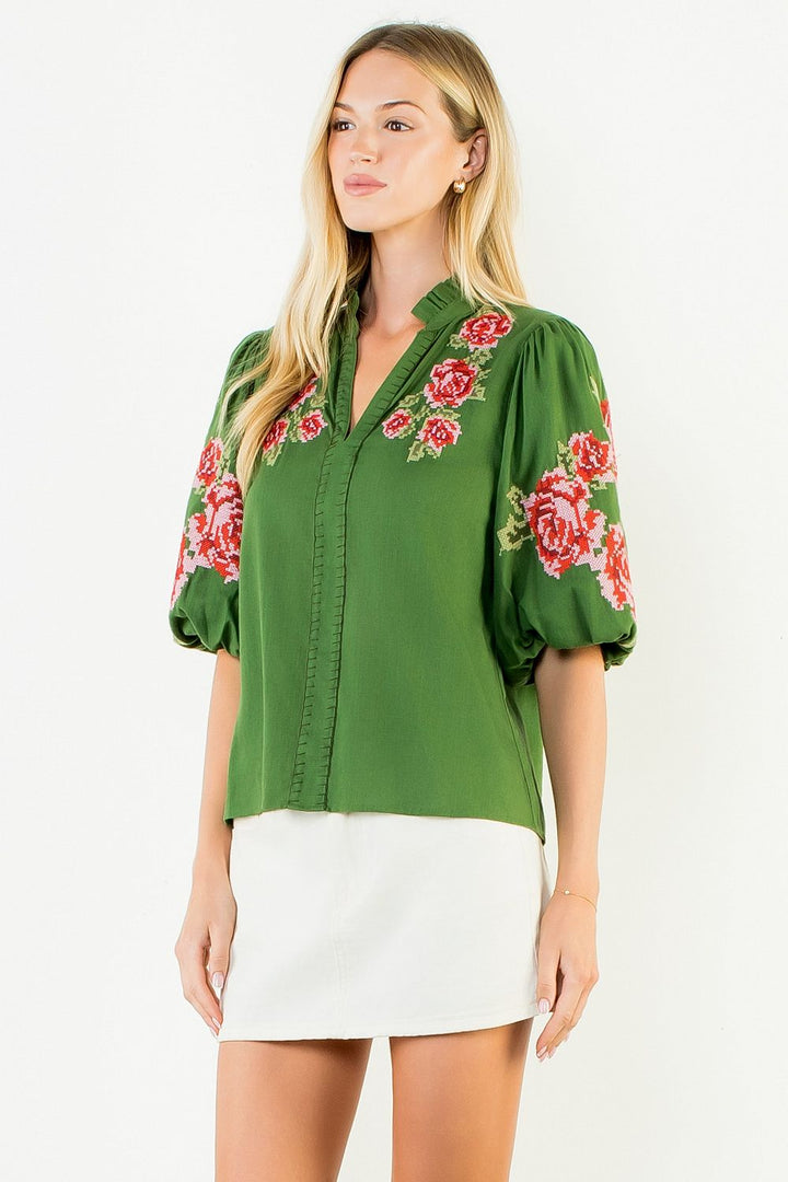 Green with Floral Embroidery Puff Sleeve Top