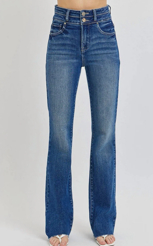 Tummy Control High Rise Bootcut Double Waist Band Jeans Medium Wash