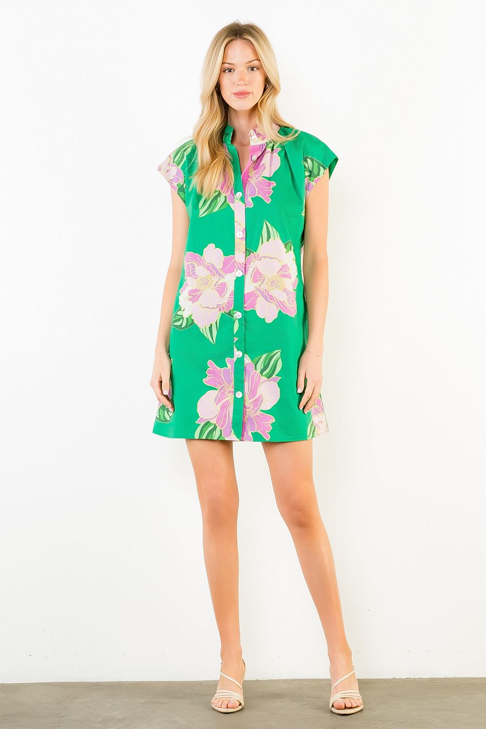 Cap sleeve Green Floral Print Button Up Dress