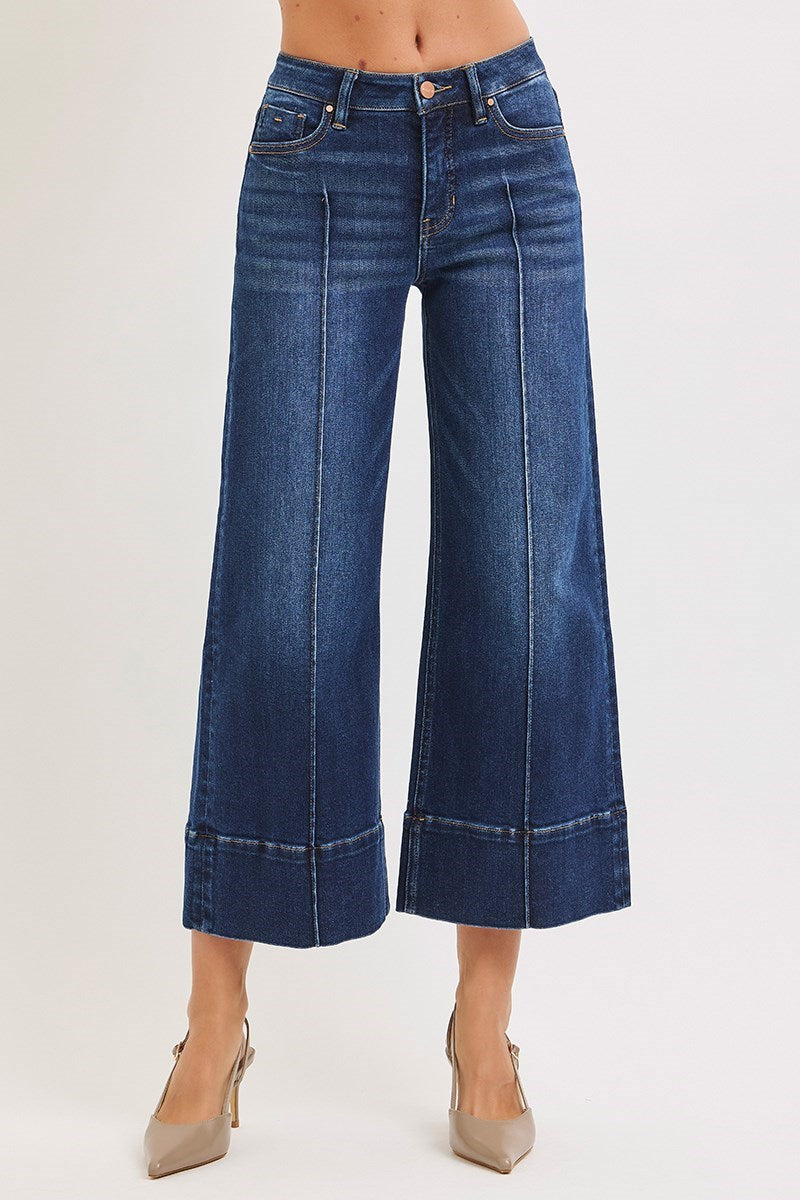 Tummy Control Mid Rise Crop Wide Pintuck Front Jeans