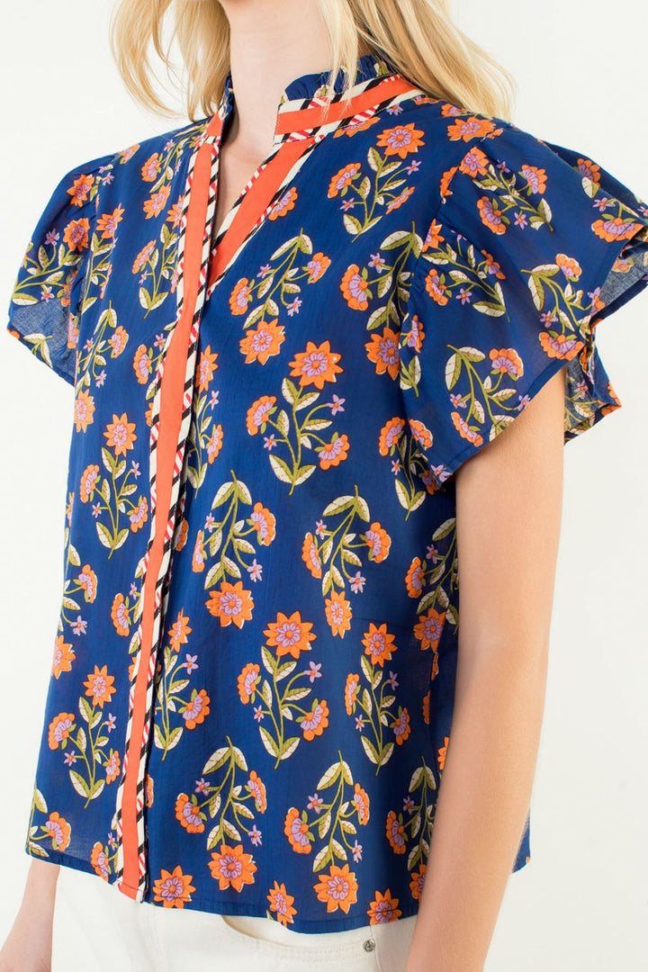 Flutter Sleeve Floral Detail Top Navy
