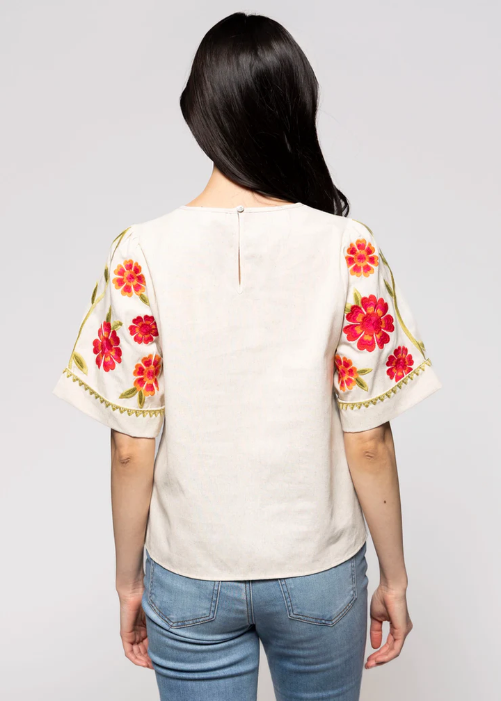 Short Sleeve Floral Embroidery Detail Top Beige