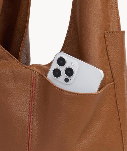 Tom Zip Large Soft Leather Handbag Mahogany Pebble/Brushed Gold Red Zip