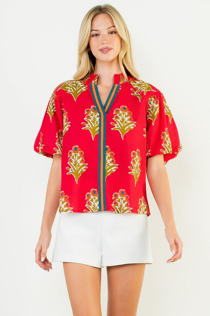 Puff Sleeve Floral Detail Top Magenta