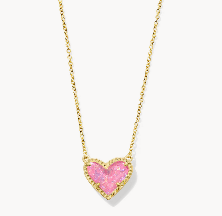 Ari Heart Short Pendant Necklace Gold Pink Iridescent Glitter Glass