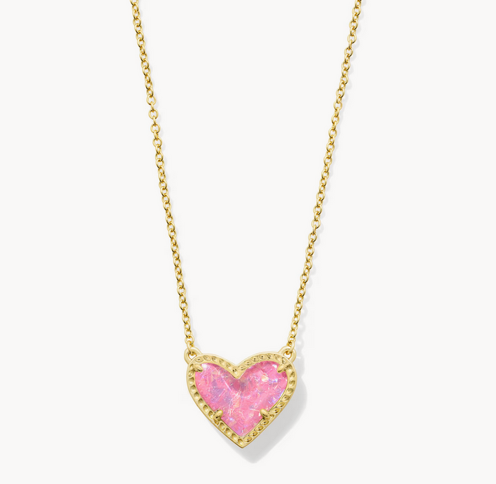 Ari Heart Short Pendant Necklace Gold Pink Iridescent Glitter Glass
