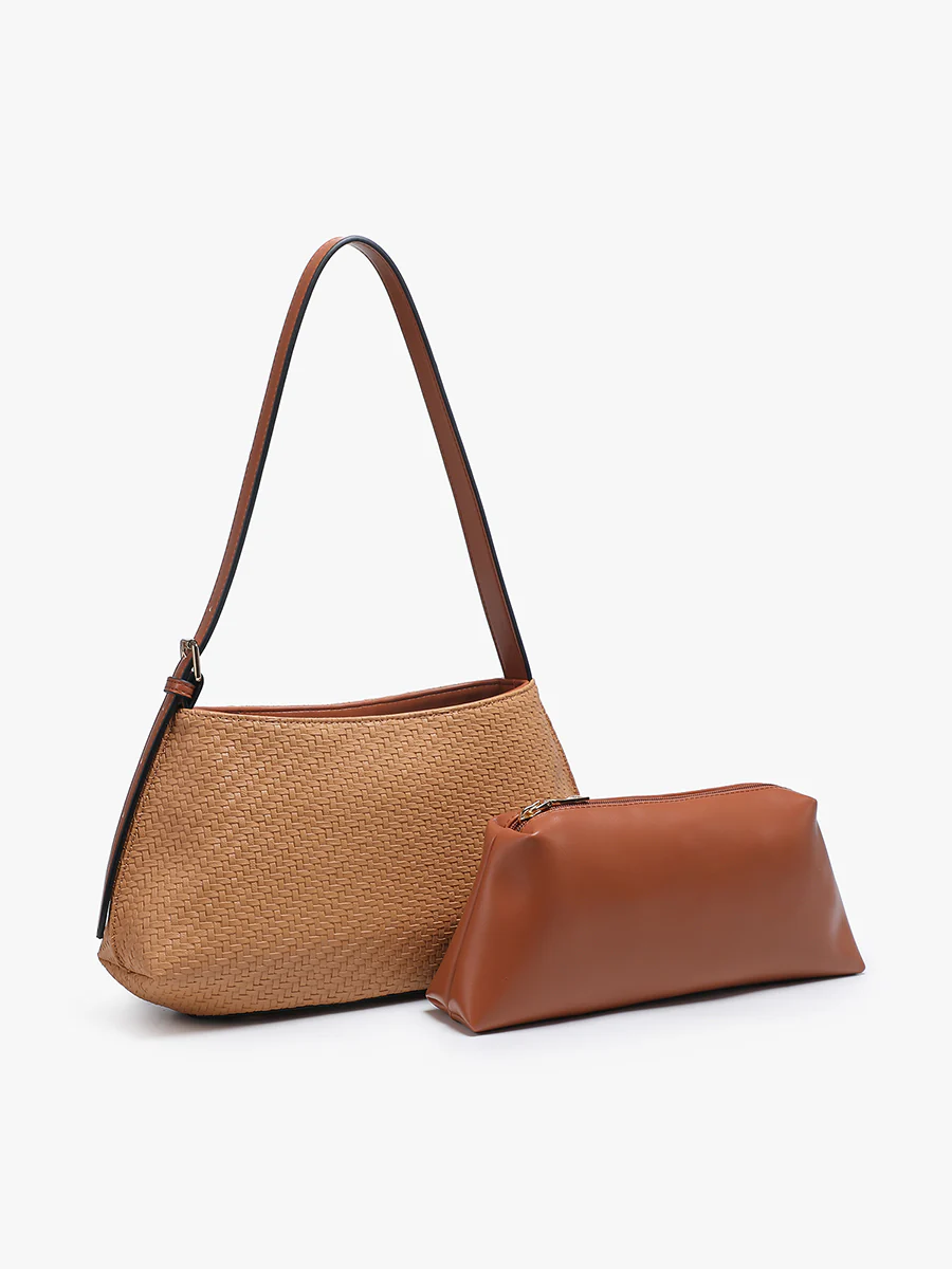 Elsie Faux Woven Shoulder Bag in Khaki