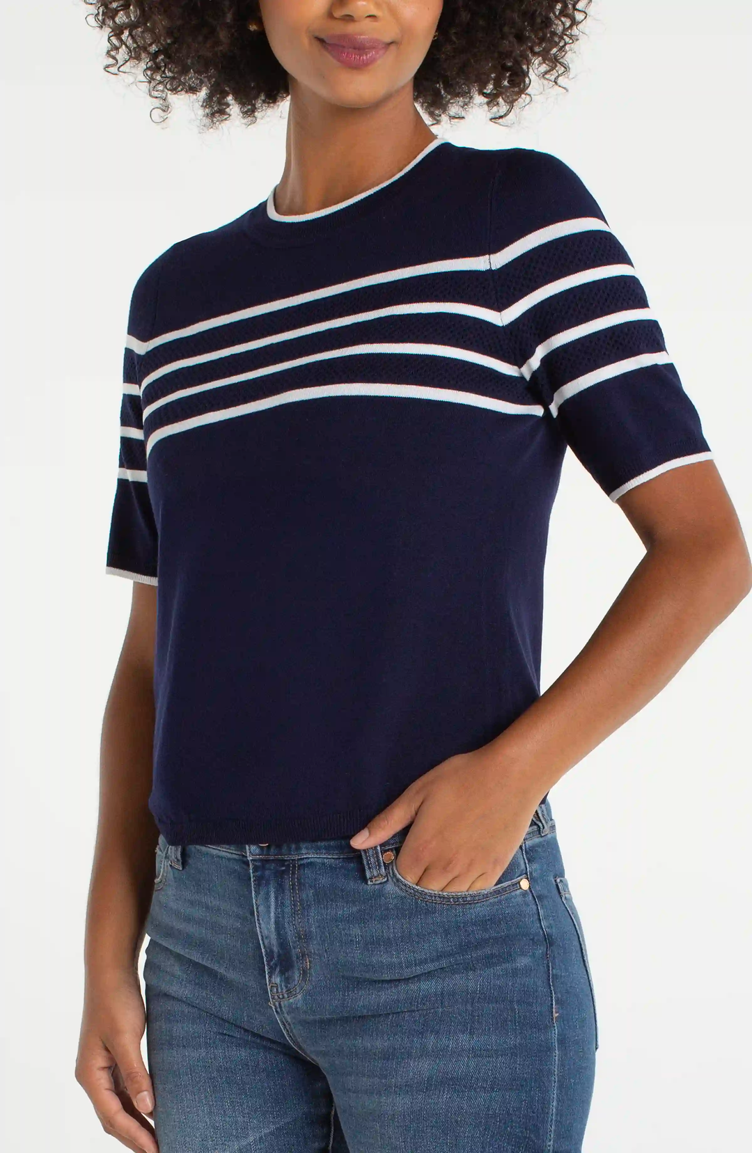 Short Sleeve Crew Neck Sweater- Navy and White Stripe
