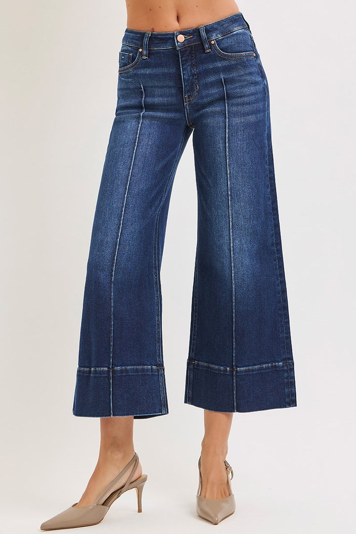 Tummy Control Mid Rise Crop Wide Pintuck Front Jeans