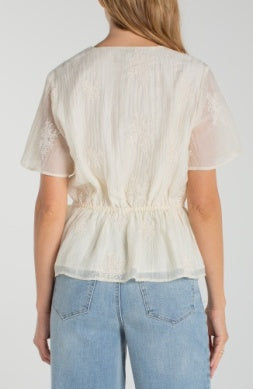 Short Sleeve Wrap Front Woven Top with Tie  Cream