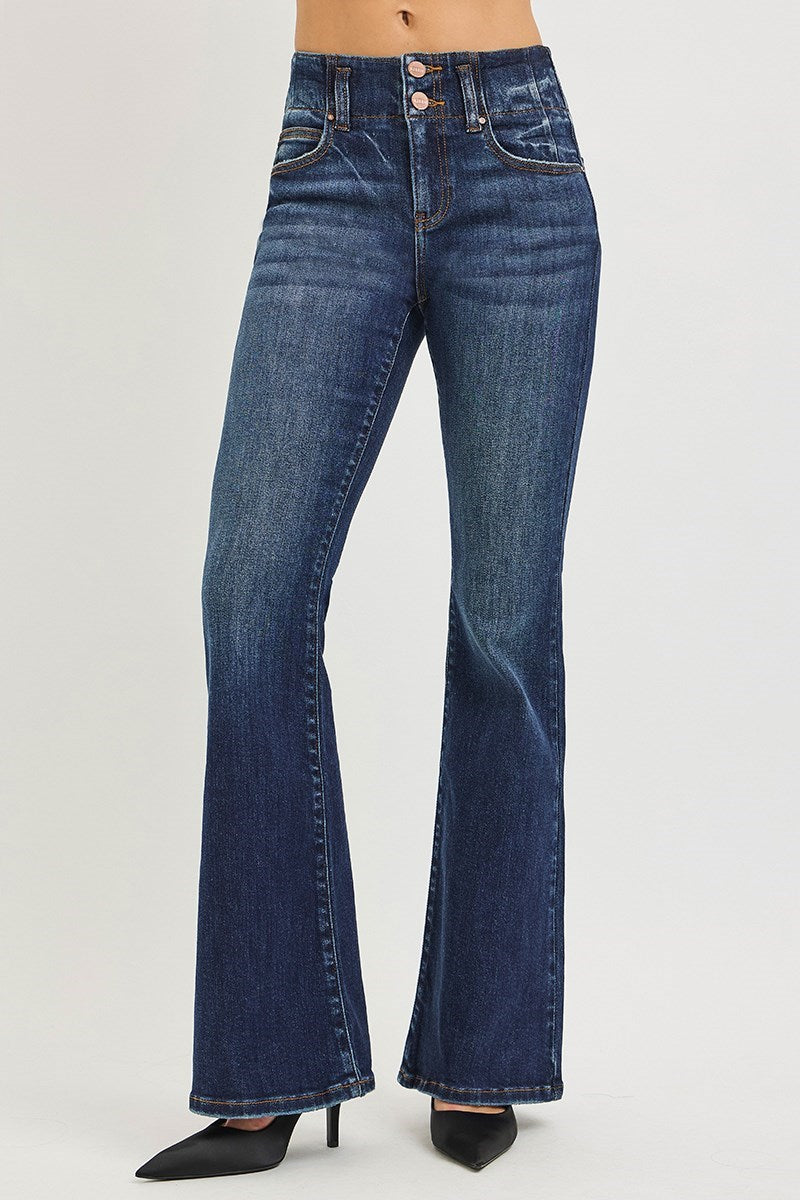High Rise Flare Jeans with Seam-Detail Waistband Dark Wash