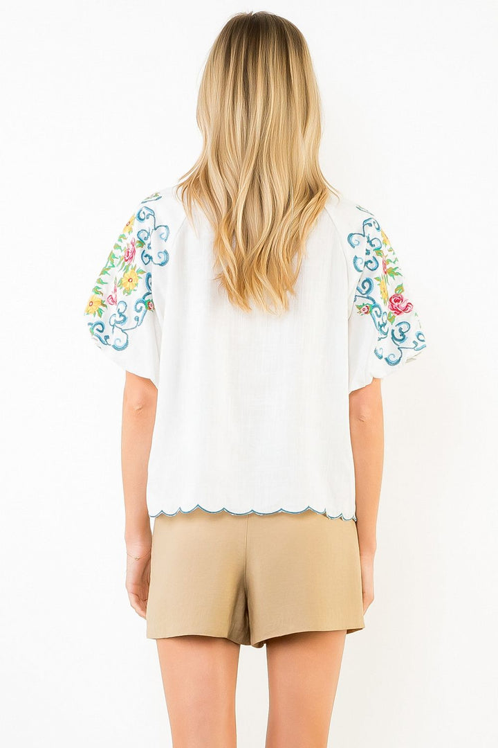 Floral Embossed Top w/Puffed Sleeve Smocked Collar White